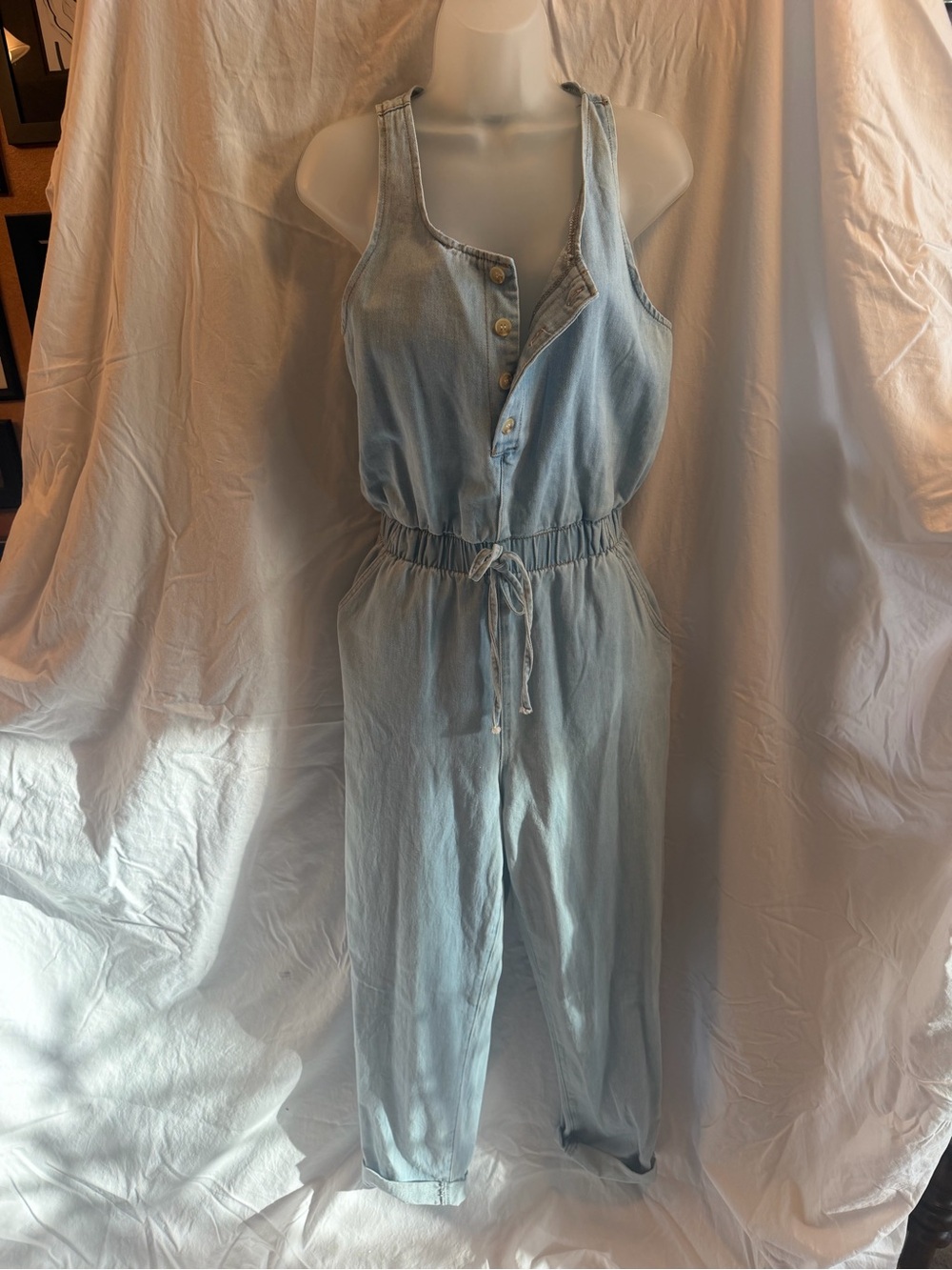 Light Wash Denim Jumpsuit - Sleeveless Drawstring Waist